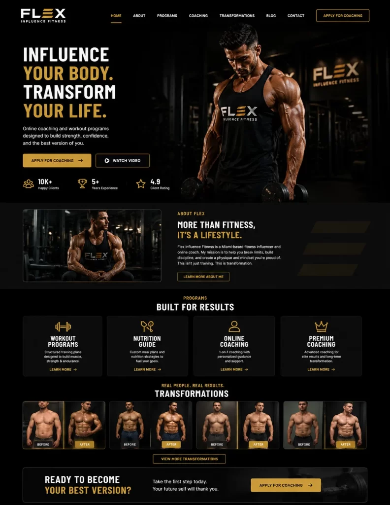MMN Flex Influence Fitness in Miami, USA Website Mockup